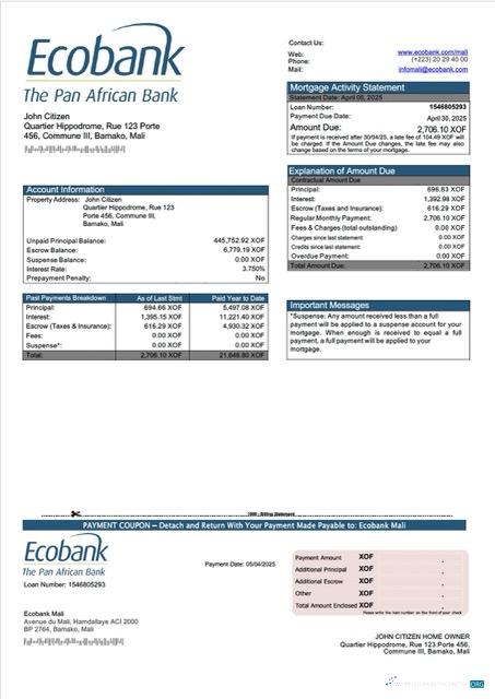 Download Mali Ecobank Mali mortgage statement Word and PDF template Photoshop template